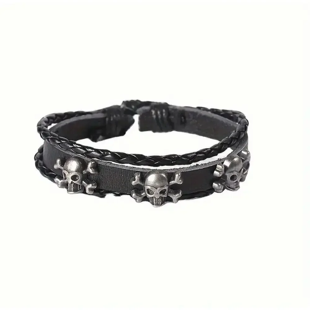 Set of 5 Gothic Punk Skull Head Biker Bracelet Unisex Grunge Adjustable Rock